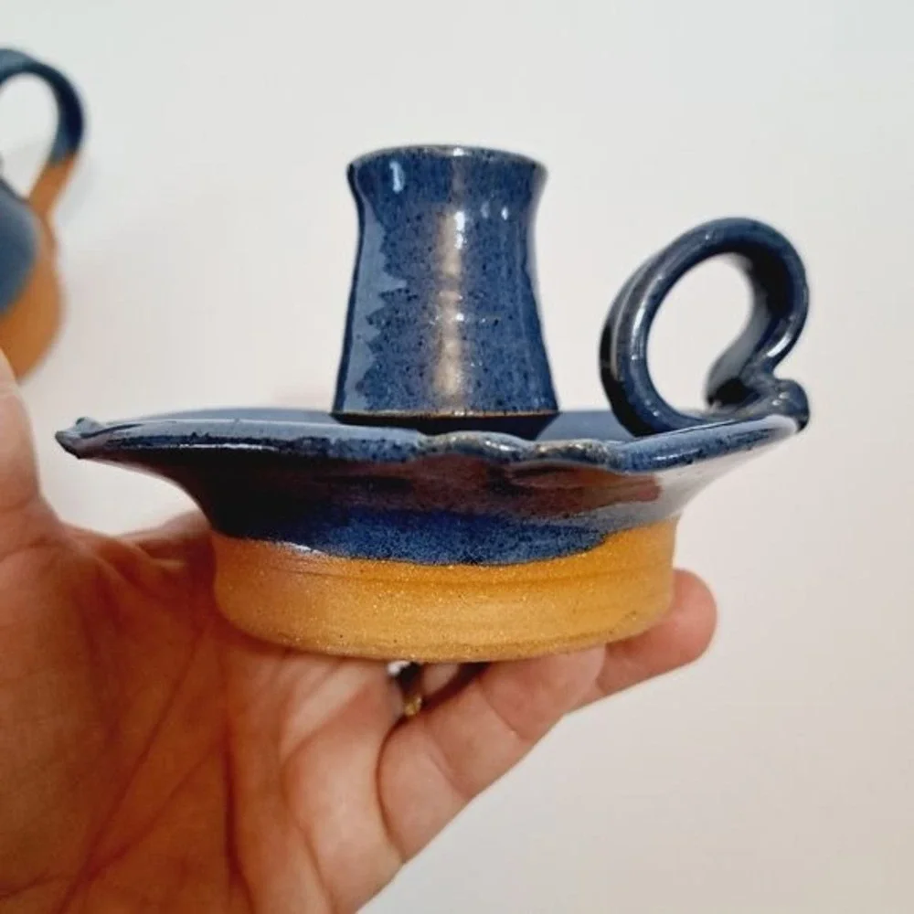 Bob Douglass Pottery Set  Blue Vintage Handmade Pitcher Bowl Candle